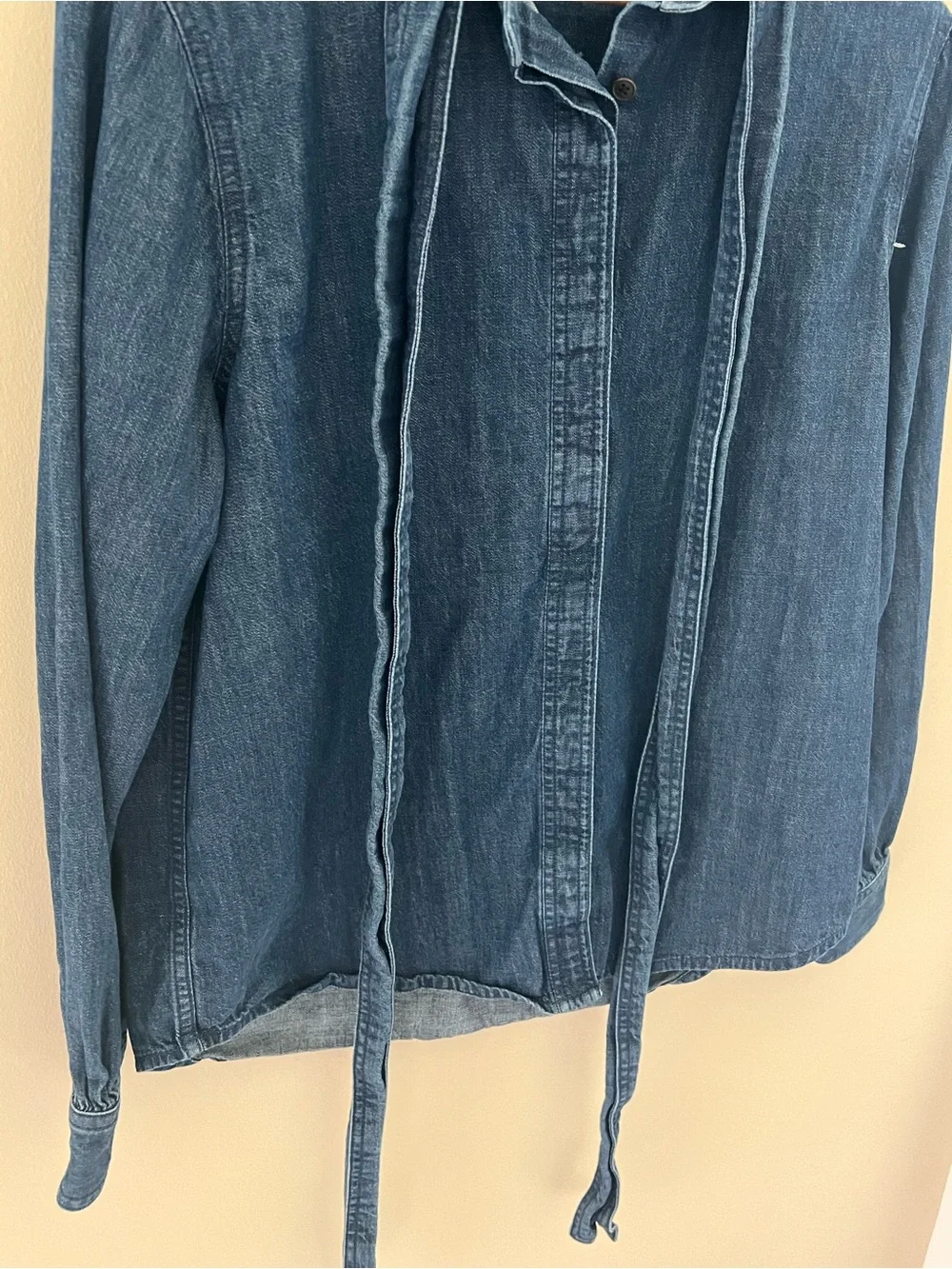 Madewell Tie-Neck Chambray Denim Button-Down Shirt Blouse Medium Blue Stretch - Picture 6 of 14